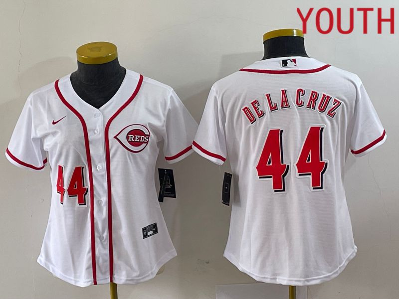 Youth Cincinnati Reds #44 De La Cruz White Nike 2023 Game MLB Jersey